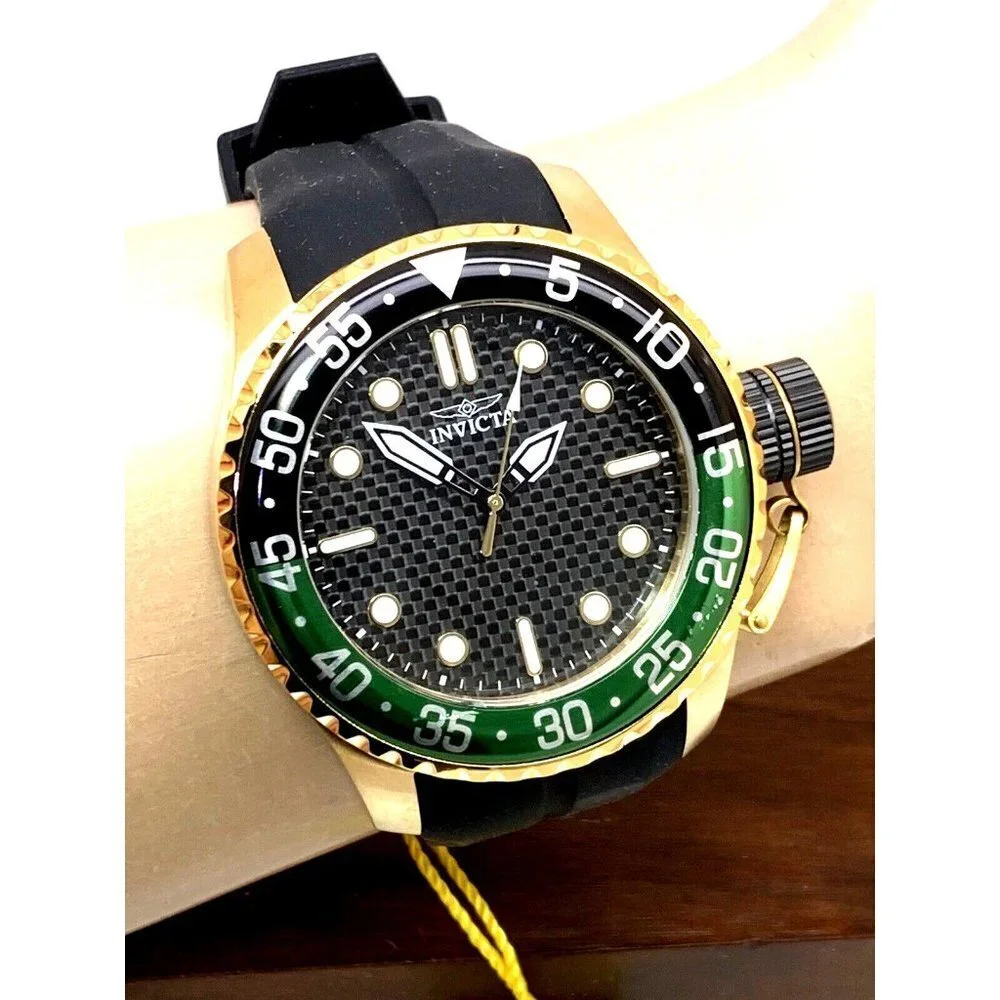 Invicta Men's Watch 35661 Pro Diver Quartz Gold Black Green Bezel Rubber…
